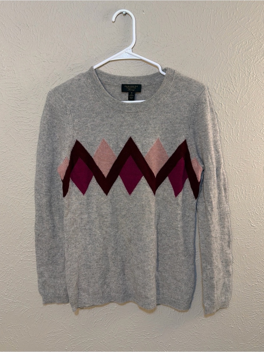 Charter Club Gray Crewneck Sweater with Pink & Burgundy Diamond Motif
